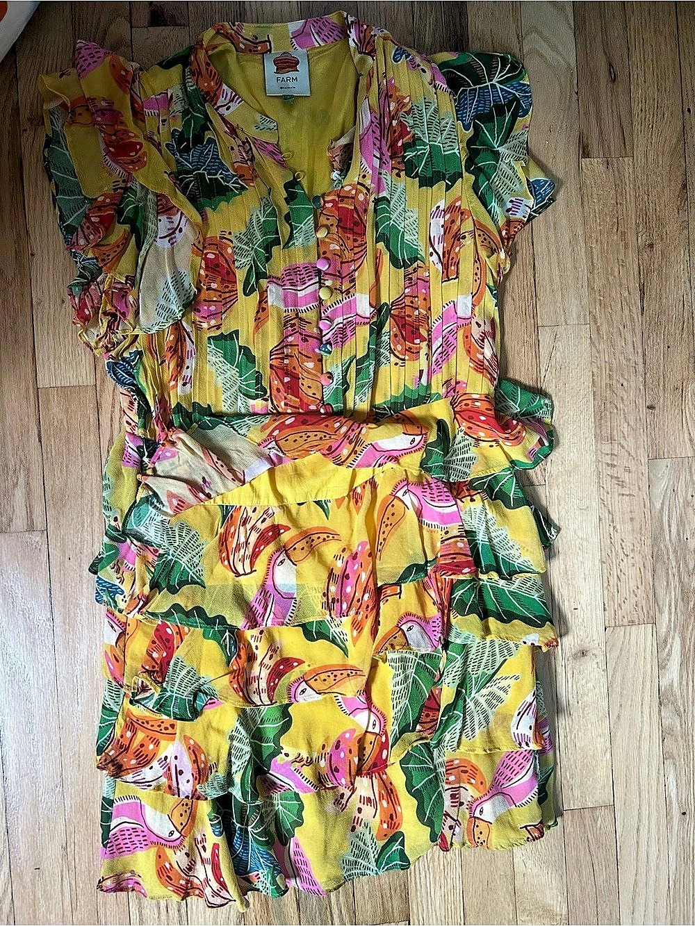 Farm Rio Beaks & Bananas Ruffle Tiered Mini Dress Yellow & Multicolor Small Like